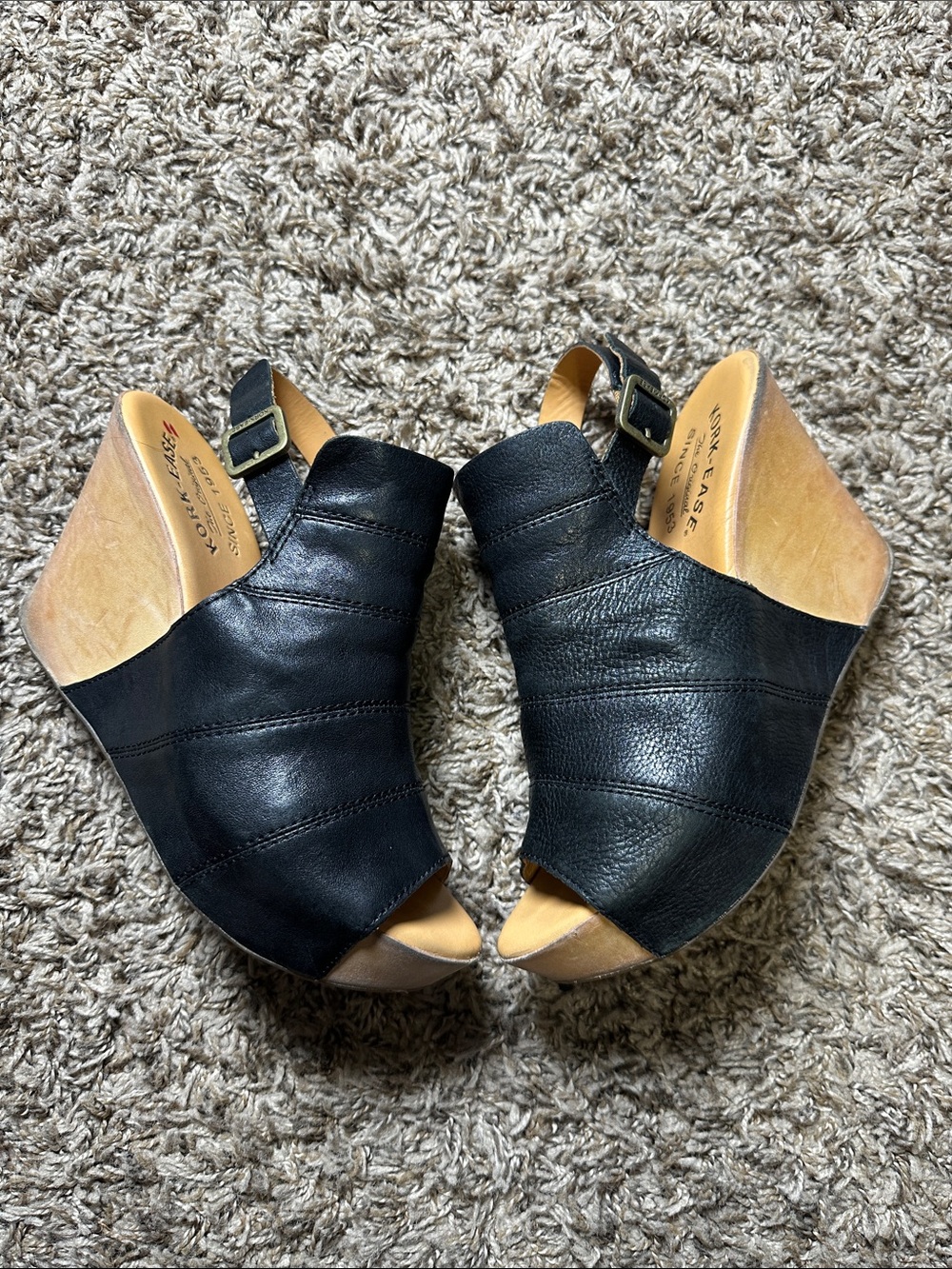 Kork-Ease Black Leather Open-Toe Slingback Wedge Sandals Size 8M